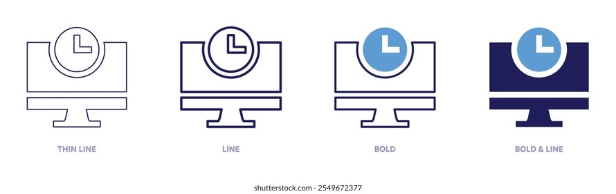 Time on computer icon in 4 different styles. Thin Line, Line, Bold, and Bold Line. Duotone style. Editable stroke.