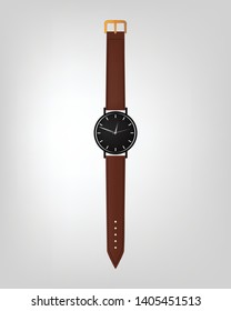 Time on a wrist watch. Vector illustration of luxury men’s watch. Classic isolated watches.
