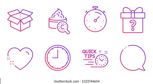 Time, Open box and Timer line icons set. Collagen skin, Secret gift and Quick tips signs. Heart, Speech bubble symbols. Office clock, Delivery package. Business set. Gradient time icon. Vector