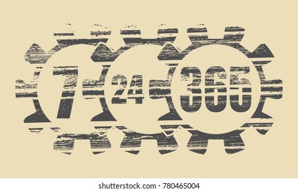 Time operation mode in gear. Infinity arrow icon. For customer support and retail. Seven days twenty four hour and three hundred sixty five days