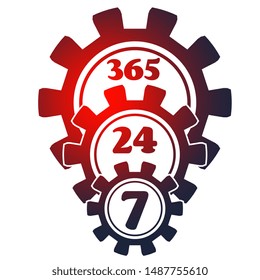 Time operation mode in gear. Gear pyramid. For customer support and retail. Seven days twenty four hour. Cogwheels overlay