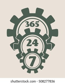 Time operation mode in gear. Gear pyramid. For customer support and retail. Seven days twenty four hour. Cogwheels overlay