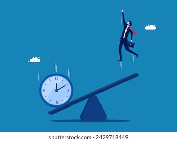 Time is opportunity. Clock falling on a seesaw to help a businessman jump high