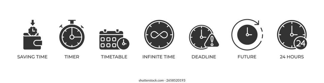 Ícones de otimização de tempo definir glifo de ilustração vetorial com Economizando tempo, Timer, Timetable, Tempo infinito, Prazo final, Futuro, 24 horas