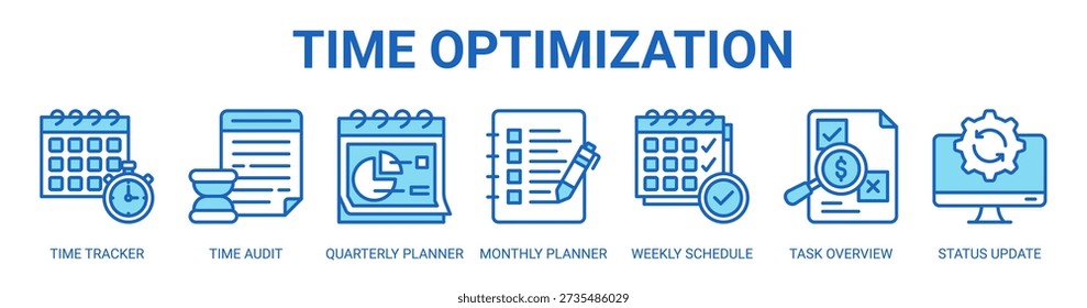 Time Optimization web banner icon vector illustration concept with icon of time tracker, time audit, quarterly planner, monthly planner, weekly schedule, task overview, and status update.