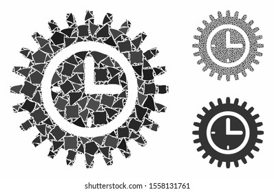 Time options composition of uneven parts in various sizes and color hues, based on time options icon. Vector rugged parts are united into collage. Time options icons collage with dotted pattern.