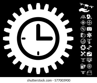 Time Options icon with bonus flying drone tools pictograph collection. Vector illustration style is flat iconic white symbols on black background.
