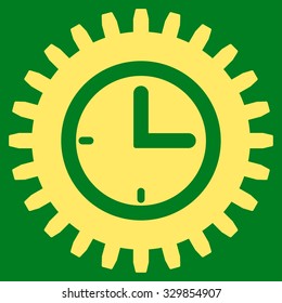 Time Options vector icon. Style is flat symbol, yellow color, rounded angles, green background.