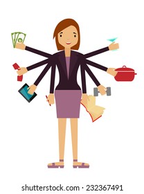 Time organization. Business woman doing several things at once. Vector illustration 