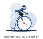 Time organization. Man pedaling hands of time bicycle. Gentleman dressed in elegant tuxedo riding giant clock bike while touching hat. Flat vector illustration