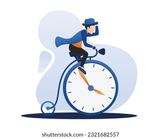 Time organization. Man pedaling hands of time bicycle. Gentleman dressed in elegant tuxedo riding giant clock bike while touching hat. Flat vector illustration