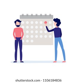 Time organizing and terms of assignment concept with male characters marking date with red color on calendar - time management and deadline theme in isolated flat vector illustration.