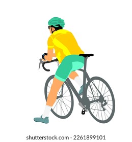 Ilustración vectorial del hombre del ciclista de tiempo fuera aislado en fondo blanco. Niño montando bicicleta. Ciclistas descansando y observando en la carretera. Pausa después de la carrera de montaña. Salto de deportistas tras ruta.