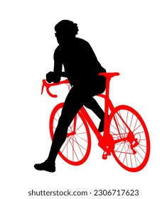 Time out bicyclist man vector silhouette illustration isolated on white background. Boy riding bicycle. Cyclists resting on road shape shadow. Pause after mountain race. Sportsman break after route.