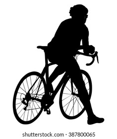 Time out bicyclist man vector silhouette illustration isolated on white background. Boy riding bicycle. Cyclists resting and watching on road. Pause after mountain race. Sportsman break after route.