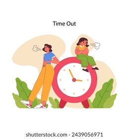 Time out concept. Mother and daughter take moment to breathe and reflect, sitting and resting against large clock, signifying the importance of breaks. Respect and patience. Flat vector illustration