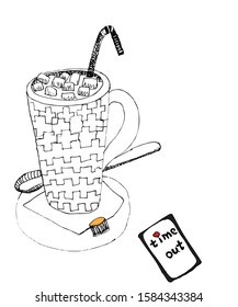 Time Out, a cup of chocolate with a marmeshow with a small slice of cracker, love, date, vector, illustration, isolate