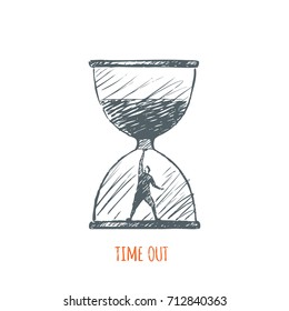 Time out. A little man in an hourglass. Vector concept hand drawn sketch.