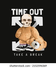 time out slogan with skeleton in bear moscot vector illustration on black background