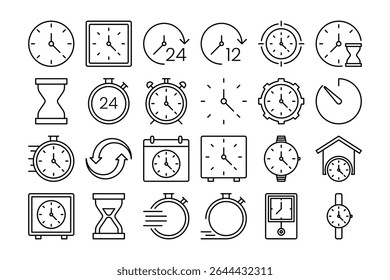 Time outline icon set. Containing time, calendar, timer, stopwatch. alarm, hourglass, countdown. Vector illustration