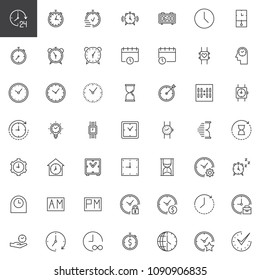 Time outline icons set. linear style symbols collection, line signs pack. vector graphics. Set includes icons as smartwatch, watch, alarm, clock, timer, stopwatch, hour, calendar, hourglass, wrist