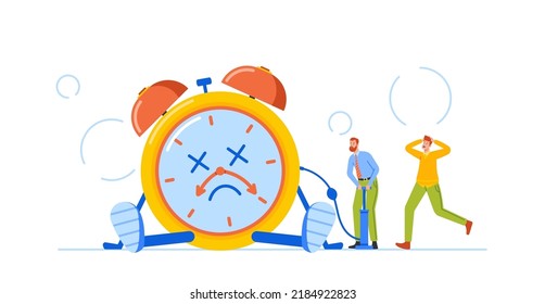 Time is Over Concept. Tiny Male Characters Trying to Fix Broken Alarm Clock. Office Men Pumping Huge Damaged Watches. Deadline, Overtime. Cartoon People Vector Illustration