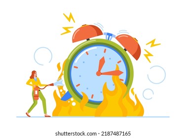 Time Is Over, Deadline, Morning Wake Up Concept. Tiny Female Character Trying Extinguish Huge Burning Alarm Clock. Office Woman Overtime, Manager Fire Fighting Watches. Cartoon Vector Illustration