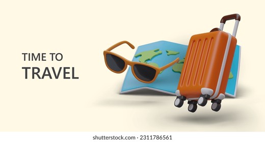 Time to pack your bags. Vector realistic concept about tourism. Travel around world. 3D map, sunglasses, suitcase on colored background. Finding perfect tour