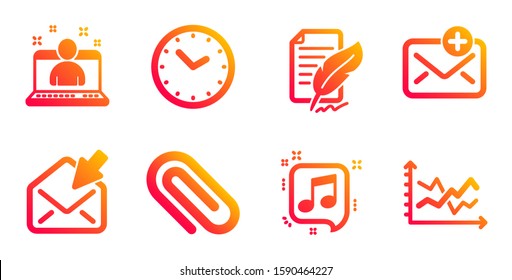 Time, Paper clip and Feather signature line icons set. New mail, Musical note and Best manager signs. Open mail, Diagram chart symbols. Clock, Attach paperclip. Education set. Vector