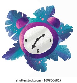 Tiempo para el concepto de fiesta.Reloj colorido en el fondo de las hojas tropicales.Dibujo de la moda coloreado de la mano de la ilustración vectorial de moda. Estilo de caricatura. 