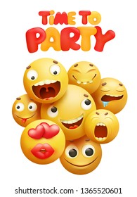 Time to party invitation card with group of yellow smile cartoon characters. Vector illustration