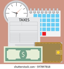 Time for pay tax. Currency payment, accounting and irs, financial taxation, vector illustration