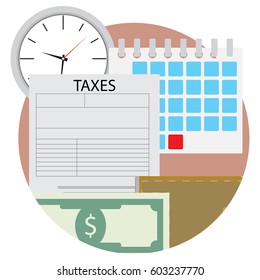 Time Pay Tax Icon. Wallet And Cash, Tax Document, Income Federal Taxation, Vector Illustration