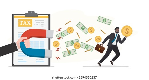 Time to pay taxes. Taxpayer, businessman running away with money. unwillingness to pay taxes. Inspector hand uses magnet to attract money. Financial obligations, taxation slavery. vector illustration