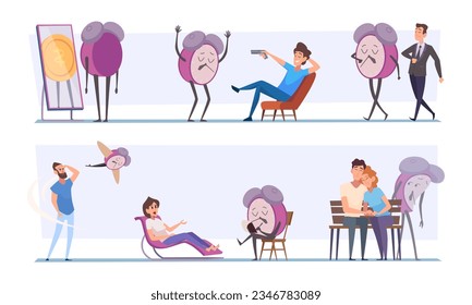 Time and people. Self organisation concept clock human planning day exact vector flat illustrations