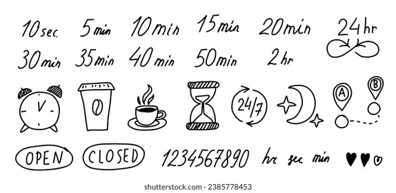 Time period handwritten labels. Break drawn black line vector icons.