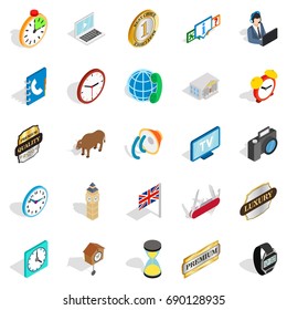 Time period icons set. Isometric set of 25 time period vector icons for web isolated on white background