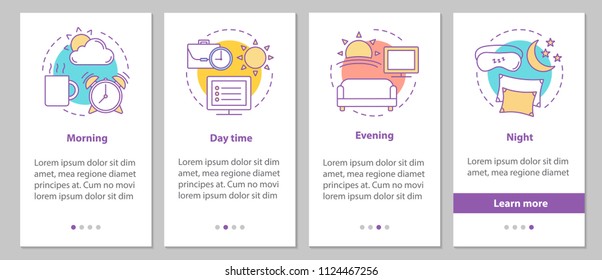 Time period onboarding mobile app page screen with linear concepts. Morning, day, evening, night steps graphic instructions. UX, UI, GUI vector template with illustrations