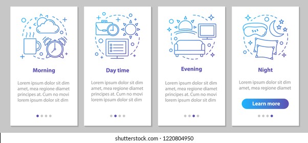 Time period onboarding mobile app page screen with linear concepts. Morning, day, evening, night steps graphic instructions. UX, UI, GUI vector template with illustrations