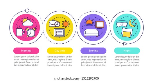 Time period vector infographic template. Morning, day, evening, night. Business presentation elements. Sleep, work, rest. Data visualization steps and options. Process timeline chart. Workflow layout