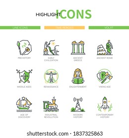 Time periods - line design style icons set. Historical and cultural eras symbols. Prehistory, ancient Rome and Greece, middle ages, Renaissance, industrial revolution, modern and contemporary history