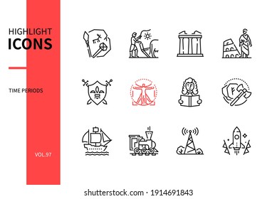 Time periods - line design style icons set. Historical and cultural eras symbols. Prehistory, ancient Rome and Greece, middle ages, Renaissance, industrial revolution, modern and contemporary history