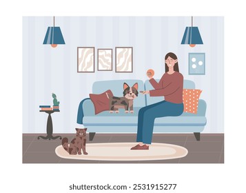 Tiempo con mascotas en casa. Mujer se sienta en el sofá al lado del perro y el gato. Propietaria con animales domésticos en piso y hogar. Diversión y ocio. Ilustración vectorial plana aislada sobre fondo blanco