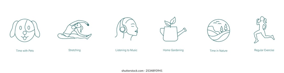 Tiempo con mascotas, Estiramiento, Escuchar música, Jardinería en casa, Tiempo en Naturaleza, Vector de ejercicio regular