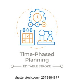 Time phased planning duo tone concept icon. Manufacturing timelines. SAP consumption based regulation. Round two color outline illustration. Abstract vector design. Easy to use in article