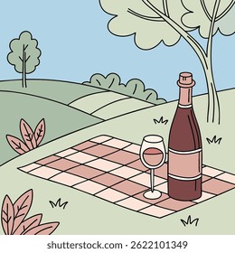 Time for a picnic, nature, outdoor recreation, wine glasses and bottle of wine, vector illustration showing the summer time