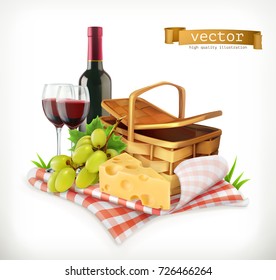 Time for a picnic, nature, outdoor recreation, a tablecloth and picnic basket, wine glasses, cheese and grapes, vector illustration