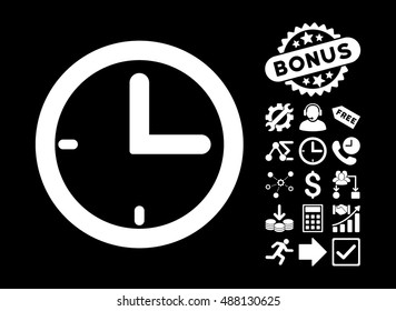 Time pictograph with bonus pictograph collection. Vector illustration style is flat iconic symbols, white color, black background.