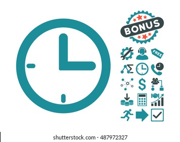 Time pictograph with bonus elements. Vector illustration style is flat iconic bicolor symbols, soft blue colors, white background.