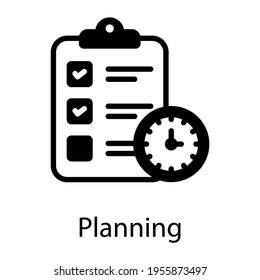 Time piece in front of task list denoting planning icon in solid design 